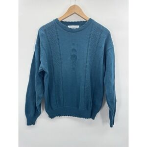 Vintage Womens Medium Cotton Sweater Blue Floral Embroidered Cottagecore USA